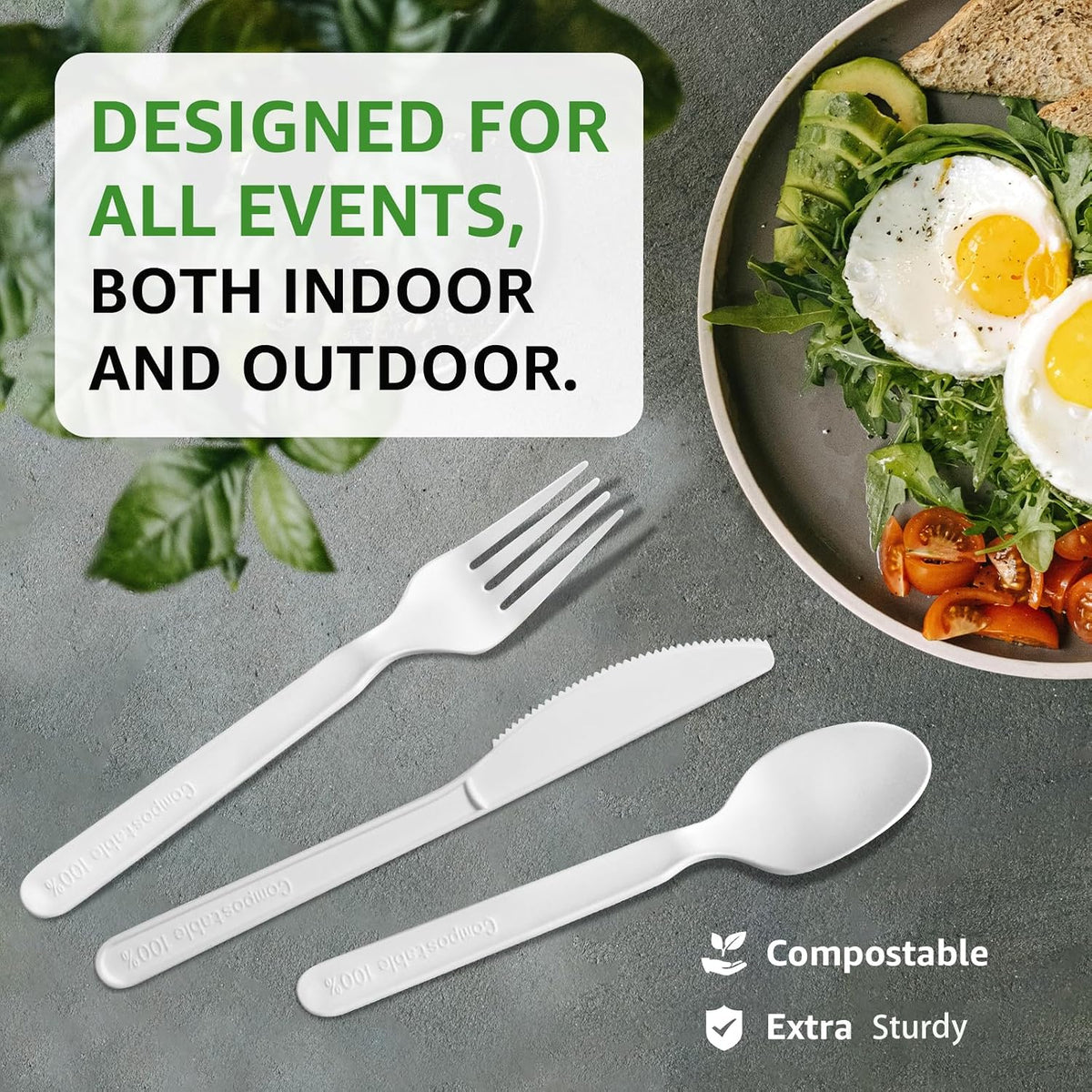 100% Compostable Forks 180 Count Disposable Forks bulk Utensils Set Heavy Duty Fork Silverware Eco Friendly Flatware