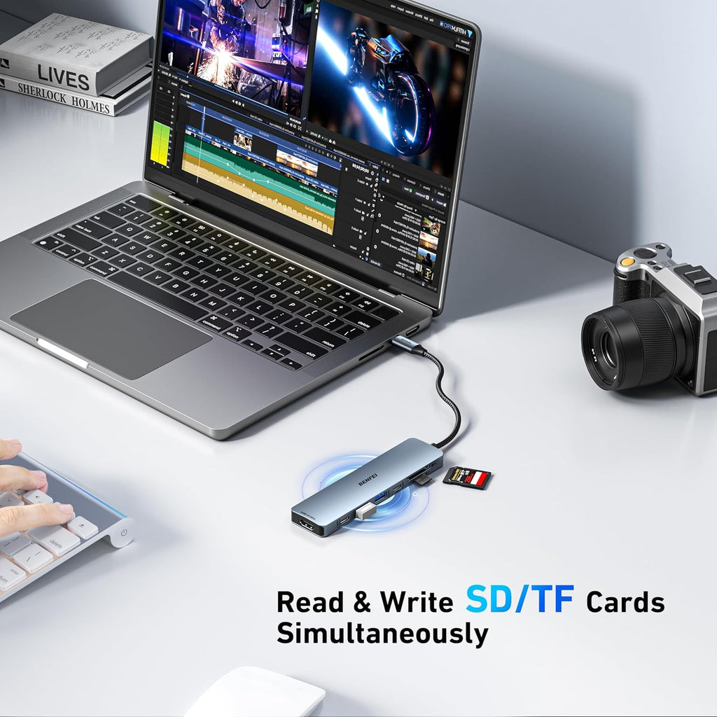 7-in-1 USB C Hub with HDMI(4K@60Hz), 2 USB-A, 1 USB-C Data, 100W Charge, SD/TF Card Reader, Silicone Tangle-Free