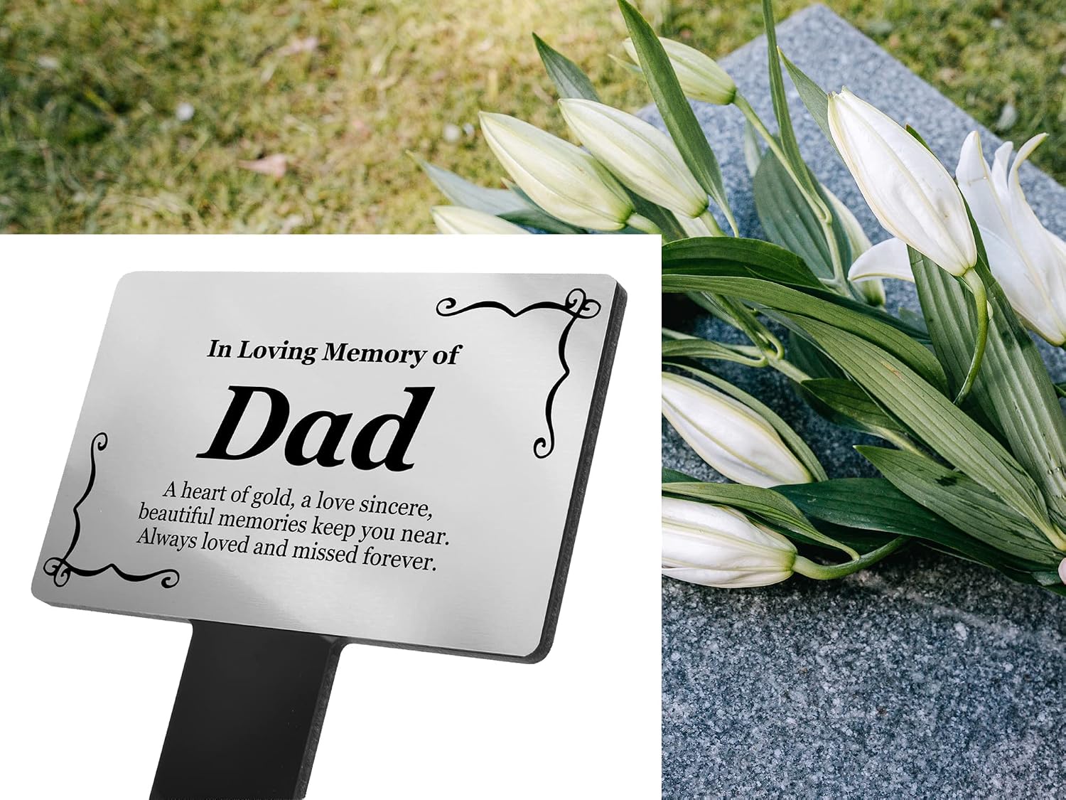 Dad Memorial Plaque, Grave Marker for Cemetery, Outdoor Garden Stake - Silver & Black, decorative plaque, engraved