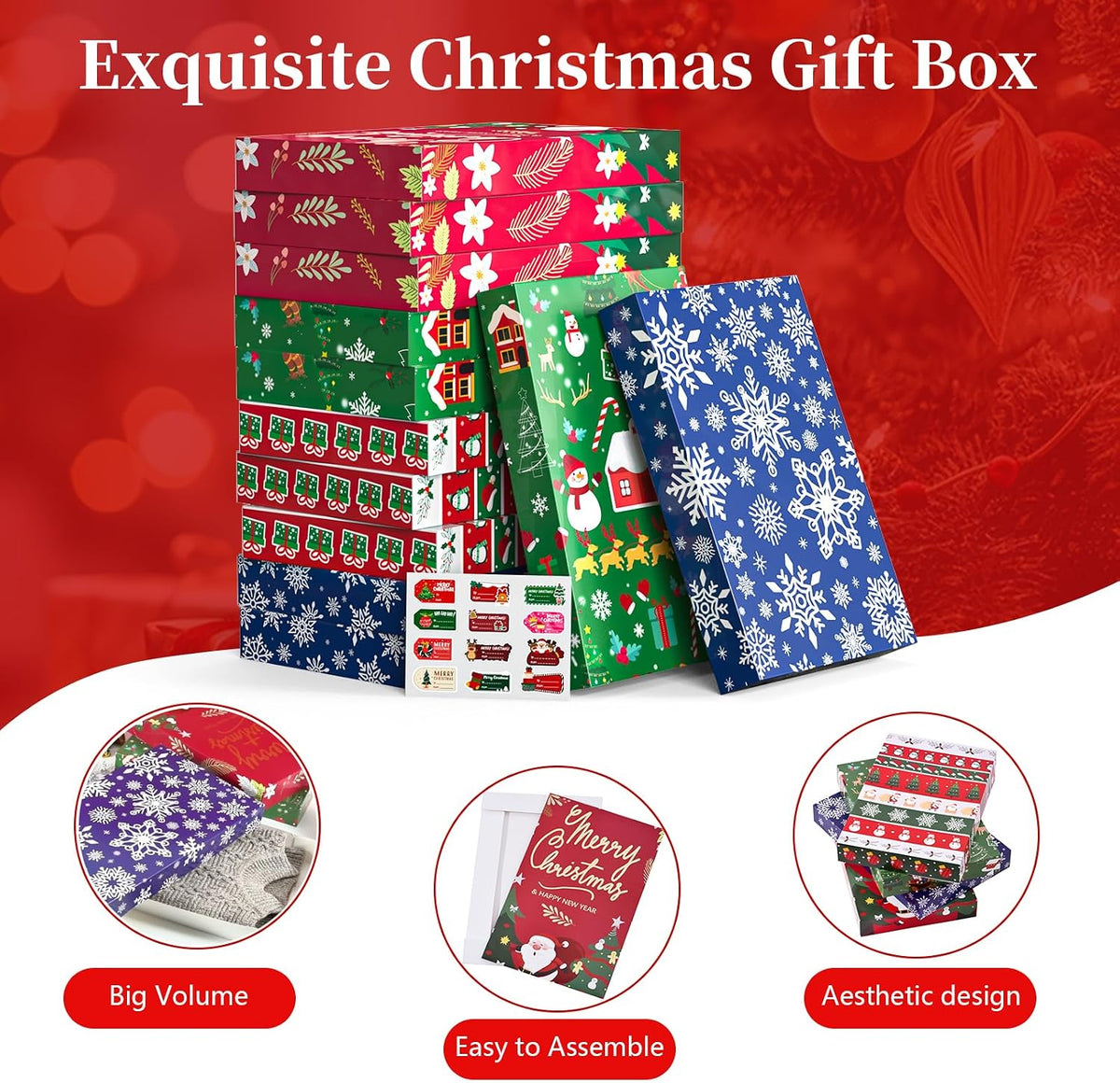 12 Pack Christmas Gift Boxes with Lids, Patterned Shirt Clothes Boxes(12 Clothing Gift Boxes, 4 Designs: 3 Pieces Per