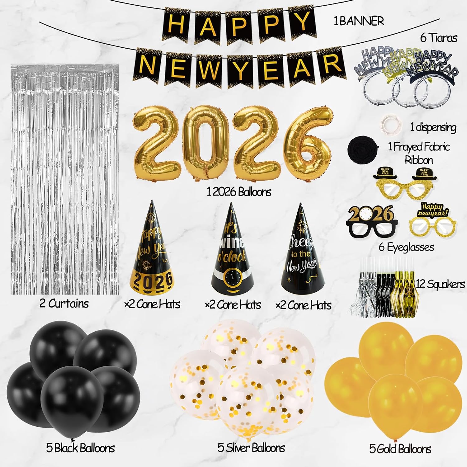 New Years Eve Party Supplies 2026 - Happy New Year Decorations Kit | Set of 50 Includes Banner, Hats, Ribbon