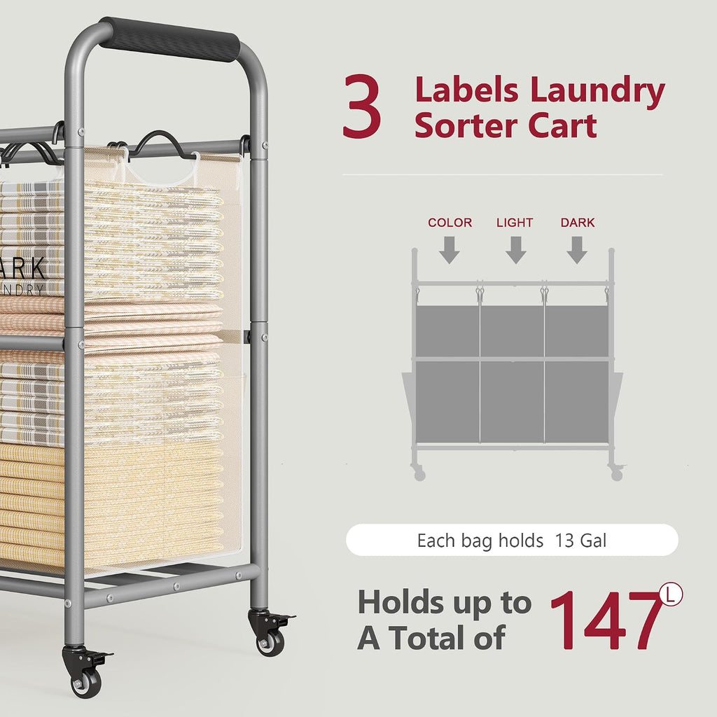 3 Bag Laundry Sorter Cart with Removable Bags, Beige | 147L Large Capacity, Heavy Duty Lockable Rolling Wheels