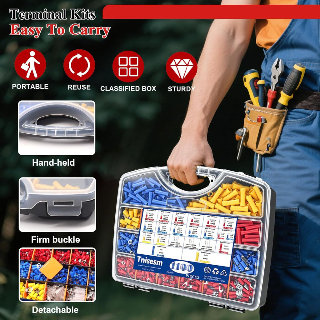 1100PCS Wire Connector Kit with Crimping Tool, Copper Insulated Electrical Wire Terminals - Ring, Butt, Spade, Fork