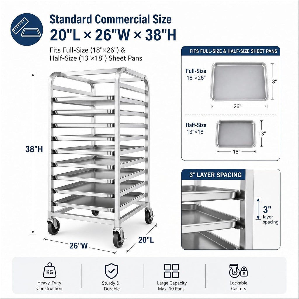 38" 10-Tier Bread Rack Cart Fits Full & Half Sheet Pans
