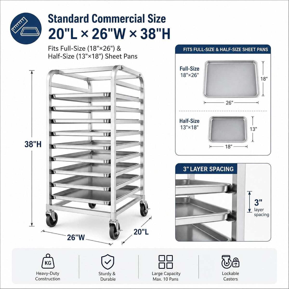 38" 10-Tier Bread Rack Cart Fits Full & Half Sheet Pans