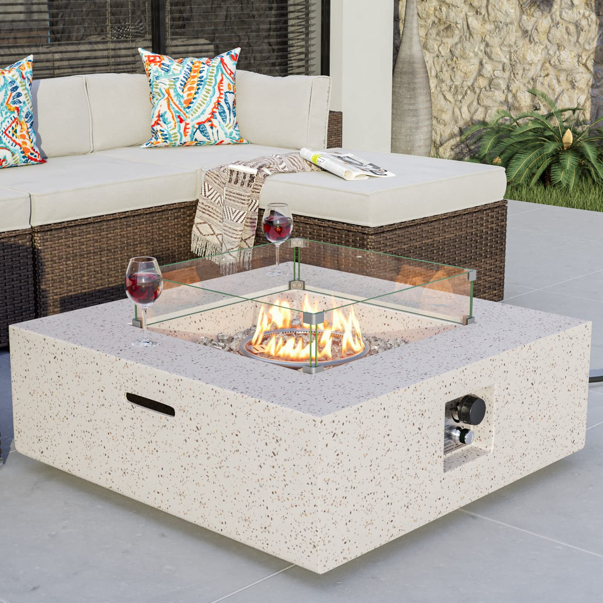35-inch Outdoor Fire Pit Table, Terrazzo White Square Fire Pits