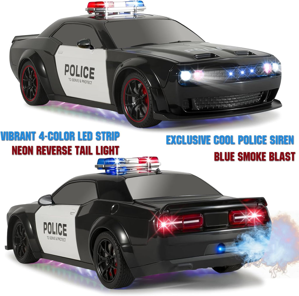 Police Car Toy, Remote Control Police Car with LED Strobe Lights & Blaring Police Siren & Smoke Effect, Remote