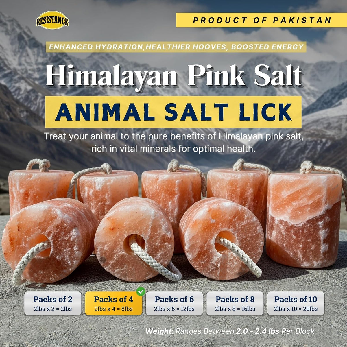 Himalayan Salt Lick 2lb Block on Rope for Horses, Cattle, Deer, Goats, and Livestock – Pack of 4 Blocks