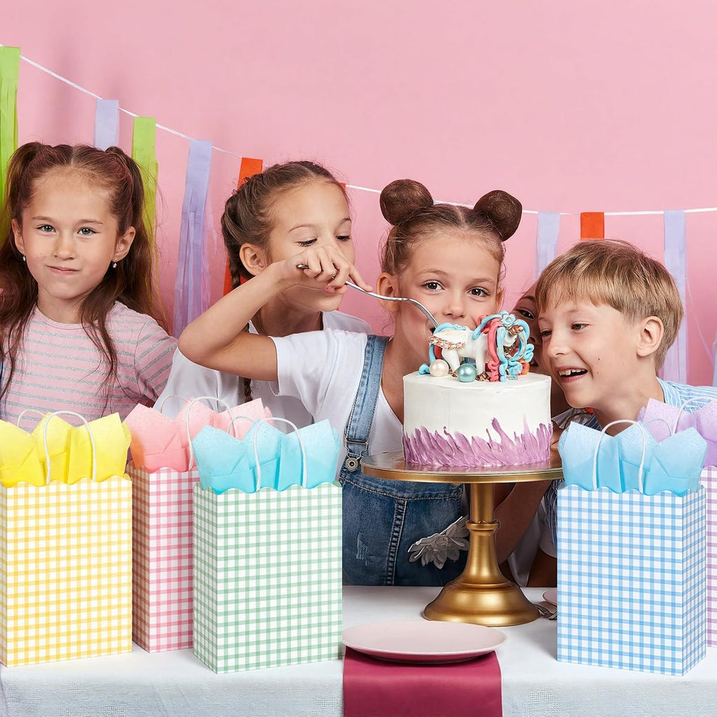 50 Pcs Pastel Gift Bags with Handles and Tissue Paper,Gingham