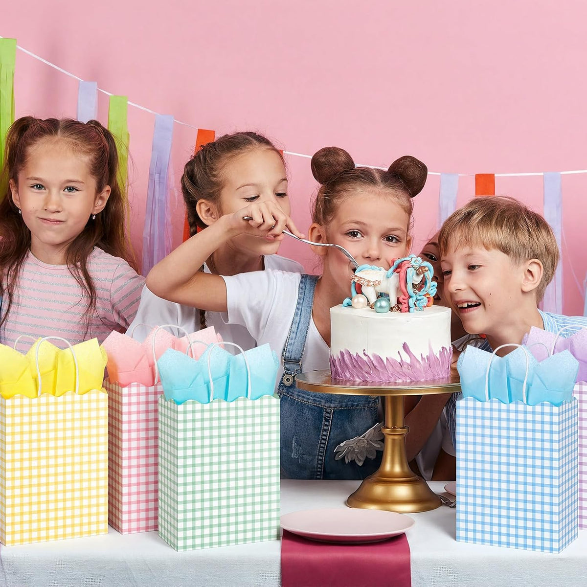 50 Pcs Pastel Gift Bags with Handles and Tissue Paper,Gingham