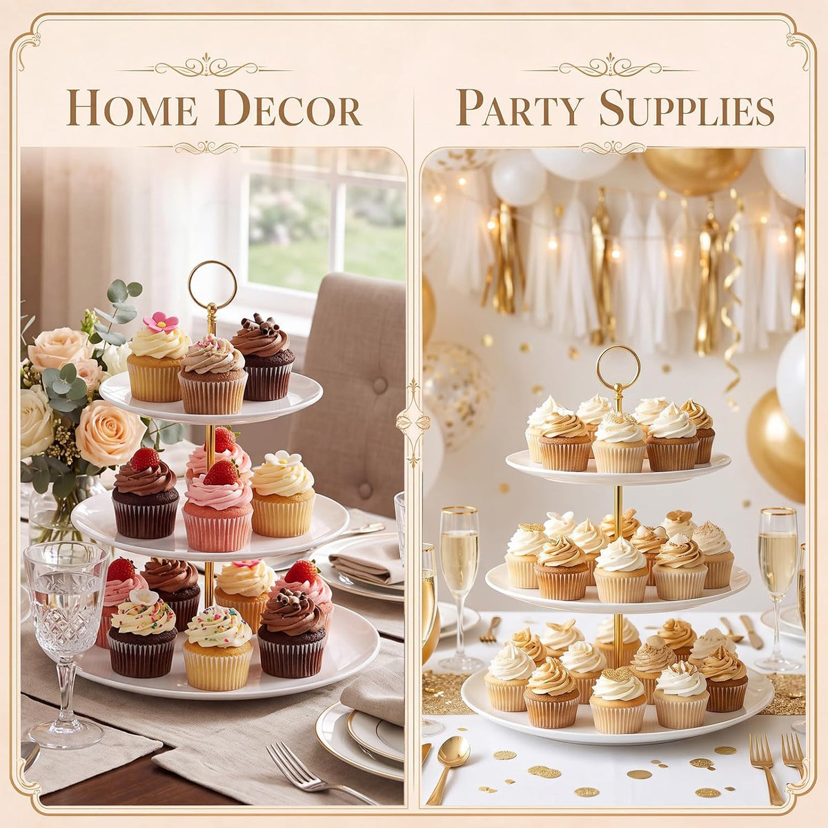 2 Pack 3 Tier Cupcake Stand, White Melamine Tiered Serving Tray