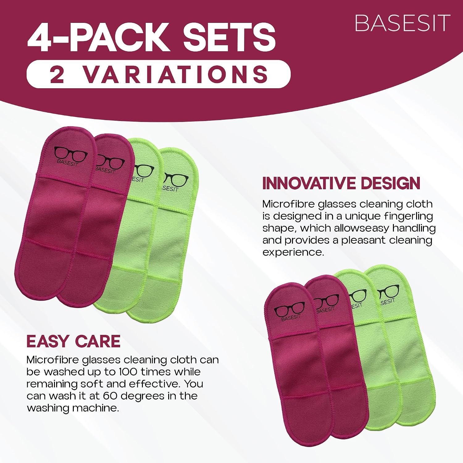 Finger Grip Eyeglass Cleaner (4 Pack) – Premium Microfiber Glasses Cleaning Cloth for Eyeglasses, Sunglasses, Phone
