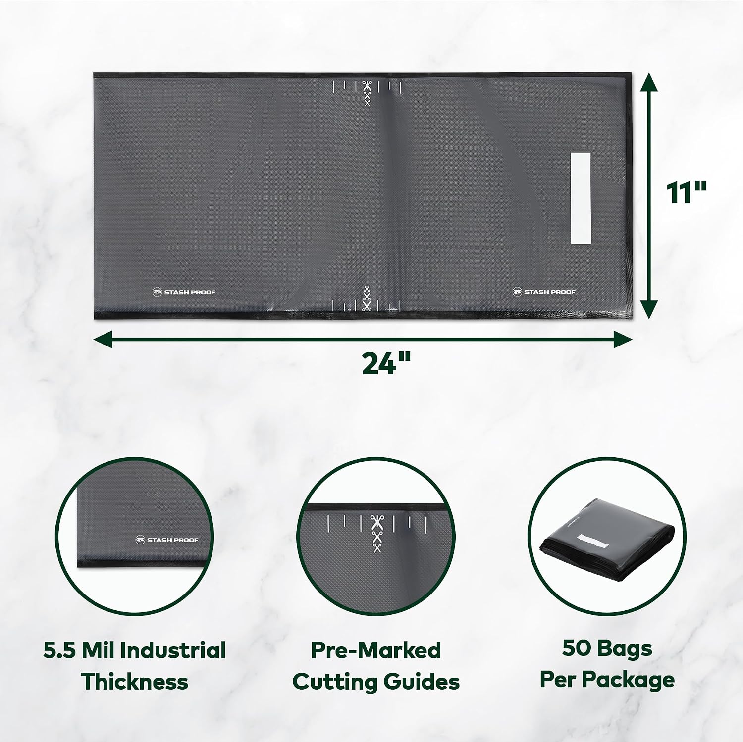 Vacuum Seal Bags 11" x 24" (50 Count) 5.5 Mil (Black & Clear) BPA Free Precut Heavy-Duty Commercial Grade Sealer