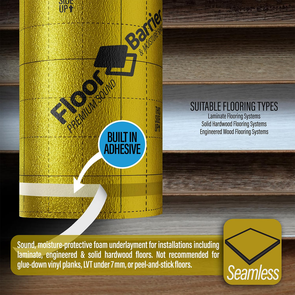 Premium Floor Underlayment with Moisture Barrier – 200 sq ft Roll, 3mm Thick – Quiets Foot Traffic Noise, Under Floor