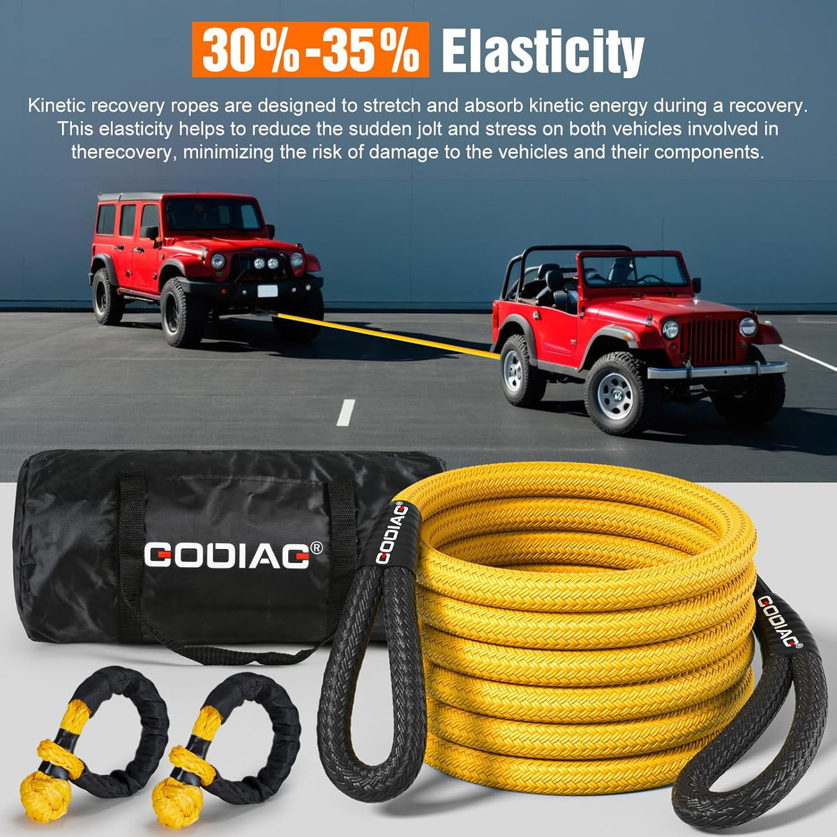 1" x20ft Kinetic Recovery Rope 33K lbs with 2 Soft Shackles Yellow