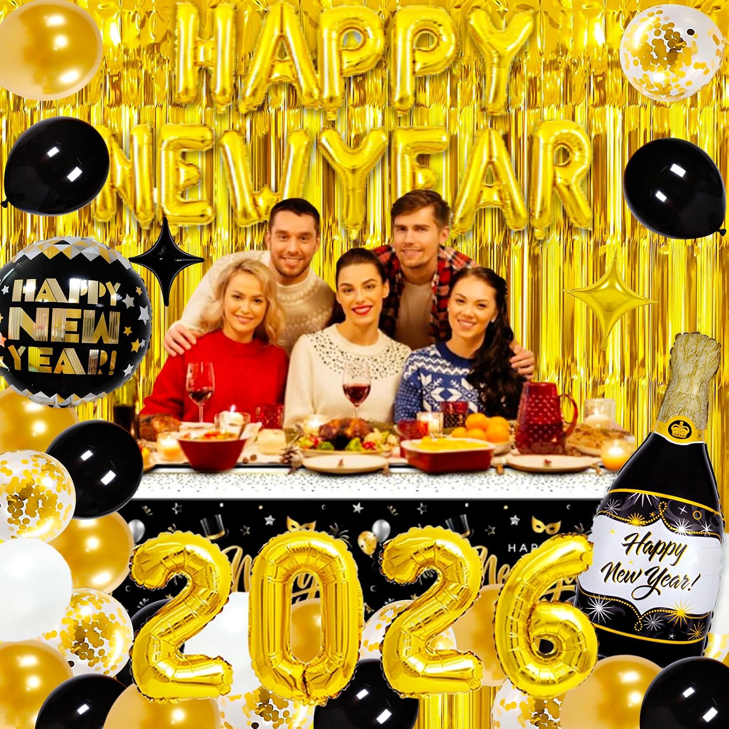 2026 New Years Eve Party Supplies Set, New Year Decorations 2026, Gold Black Party Balloons Supplies Happy New Years