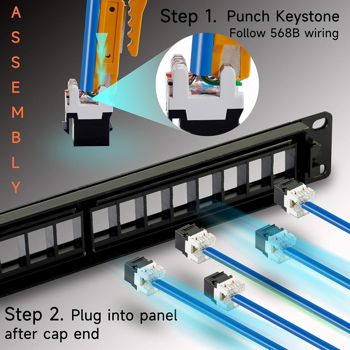 Cat6 Patch Panel 24 Port with Keystone, RJ45 Network Panel 19 Inch, Punch Down Keystone Ethernet Patch Panel with Back Bar