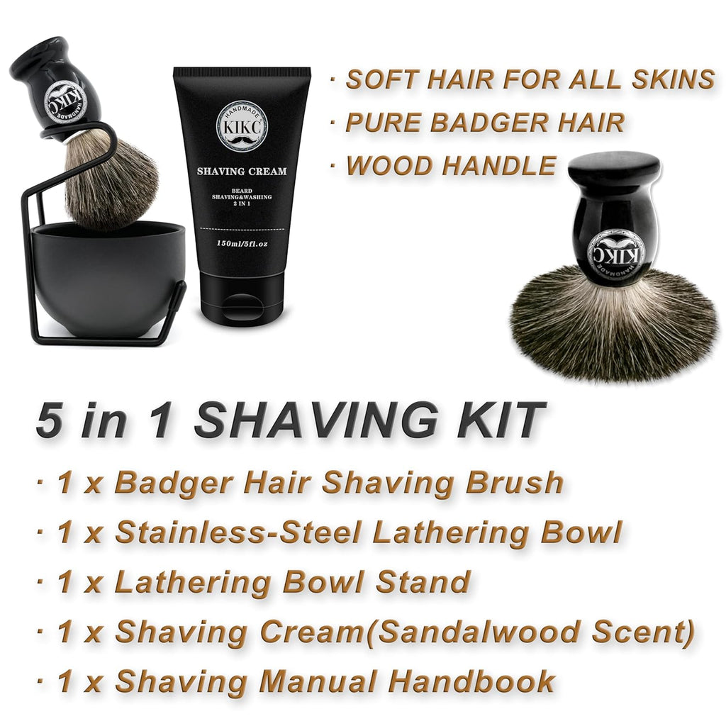 5 in 1 Shaving Kit for Wet Shave, Set Includes Hand Crafted Pure Badger Shave Brush, Stainless Steel Lathering Soap