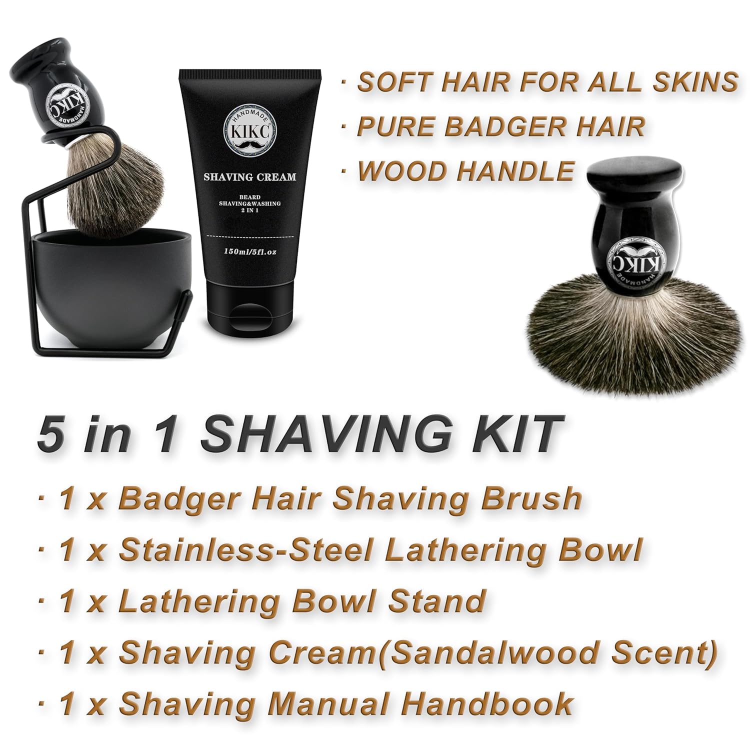 5 in 1 Shaving Kit for Wet Shave, Set Includes Hand Crafted Pure Badger Shave Brush, Stainless Steel Lathering Soap