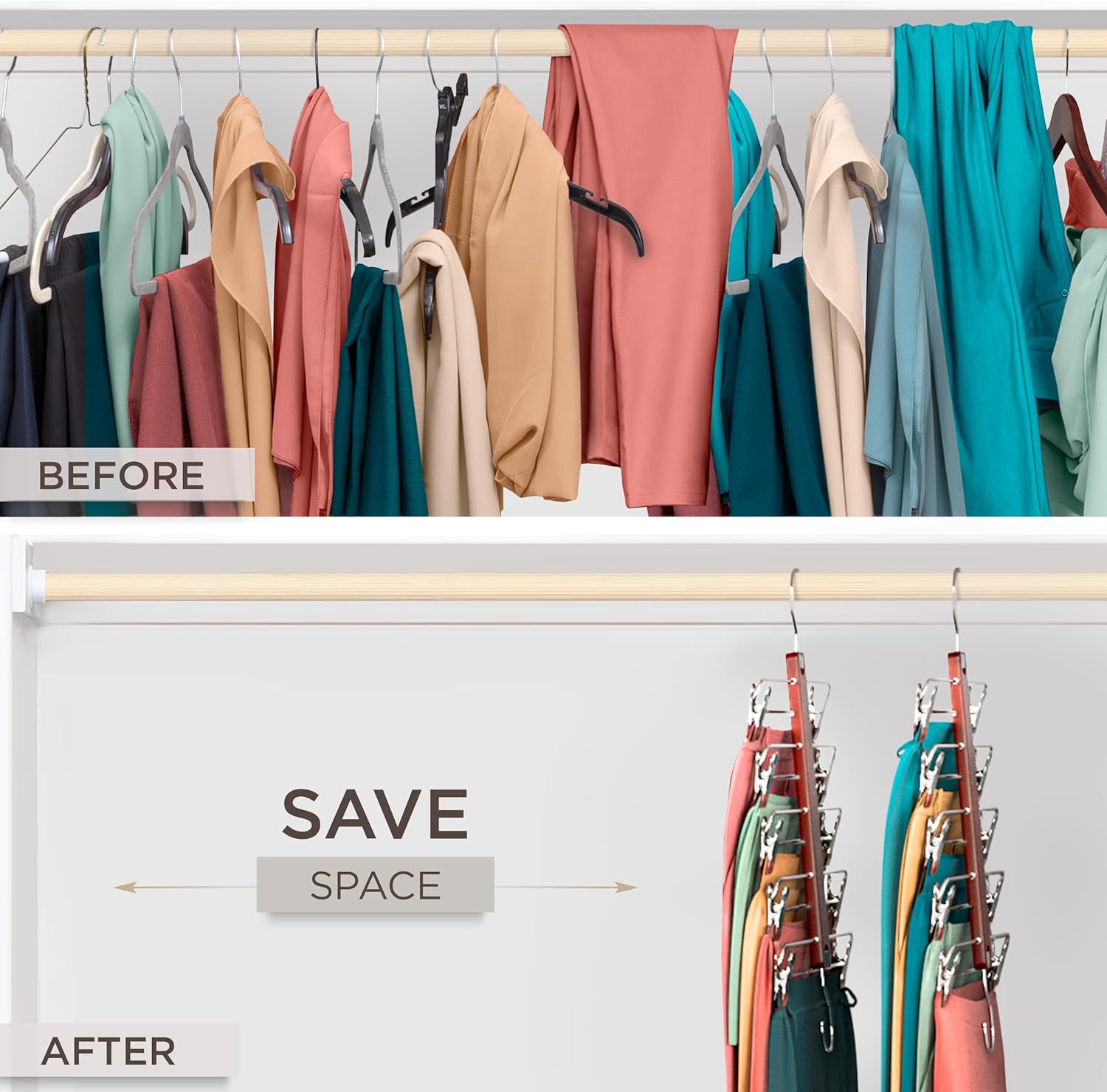 Skirt Hangers Space Saving with Clips - 2 Pack - European Beechwood 5-Tier Hanger for Shorts, Skirts, and Pants
