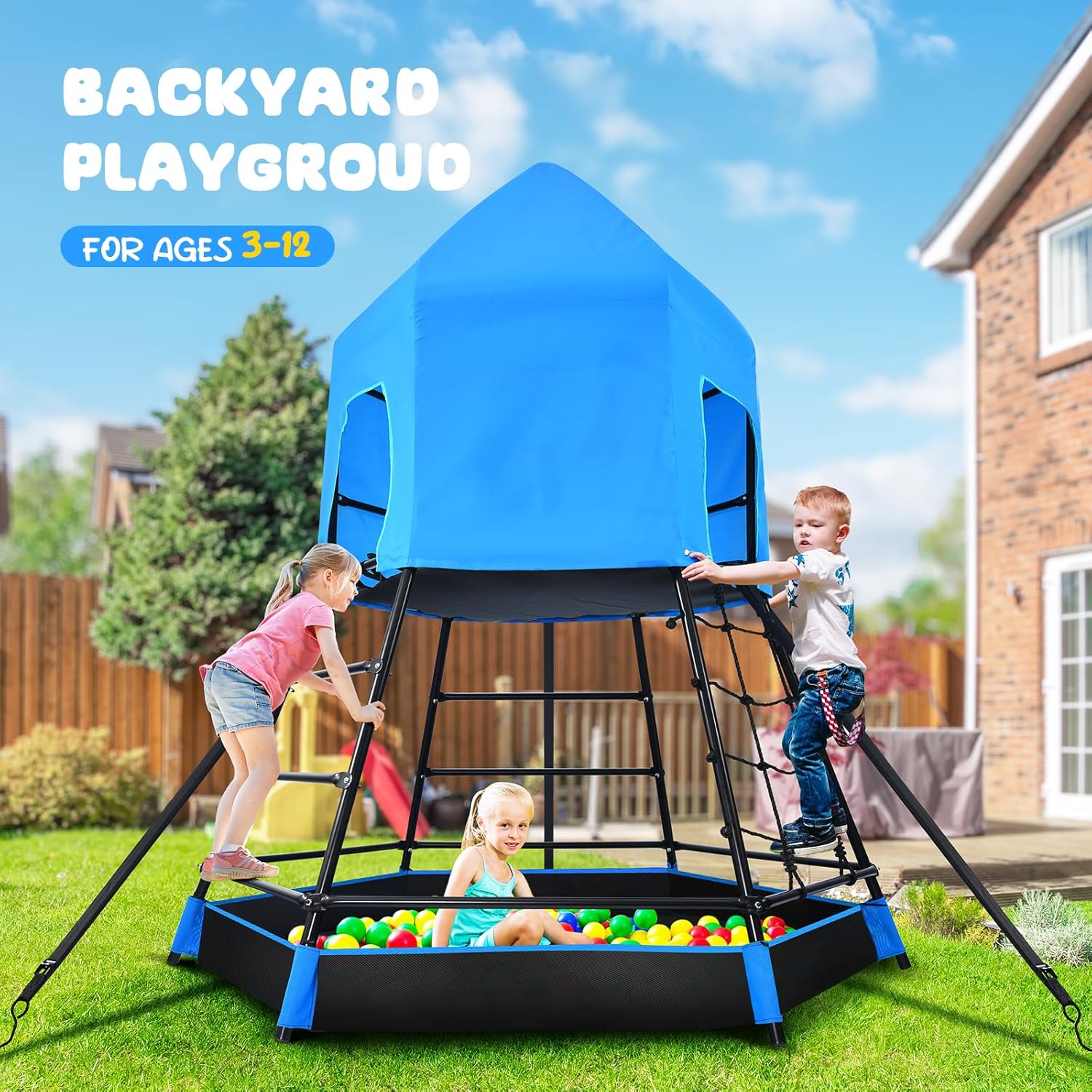 Jungle Gym with Platform and Tent, Climbing Toys with Monkey Bars for Kids, Metal Outdoor Play Equipment