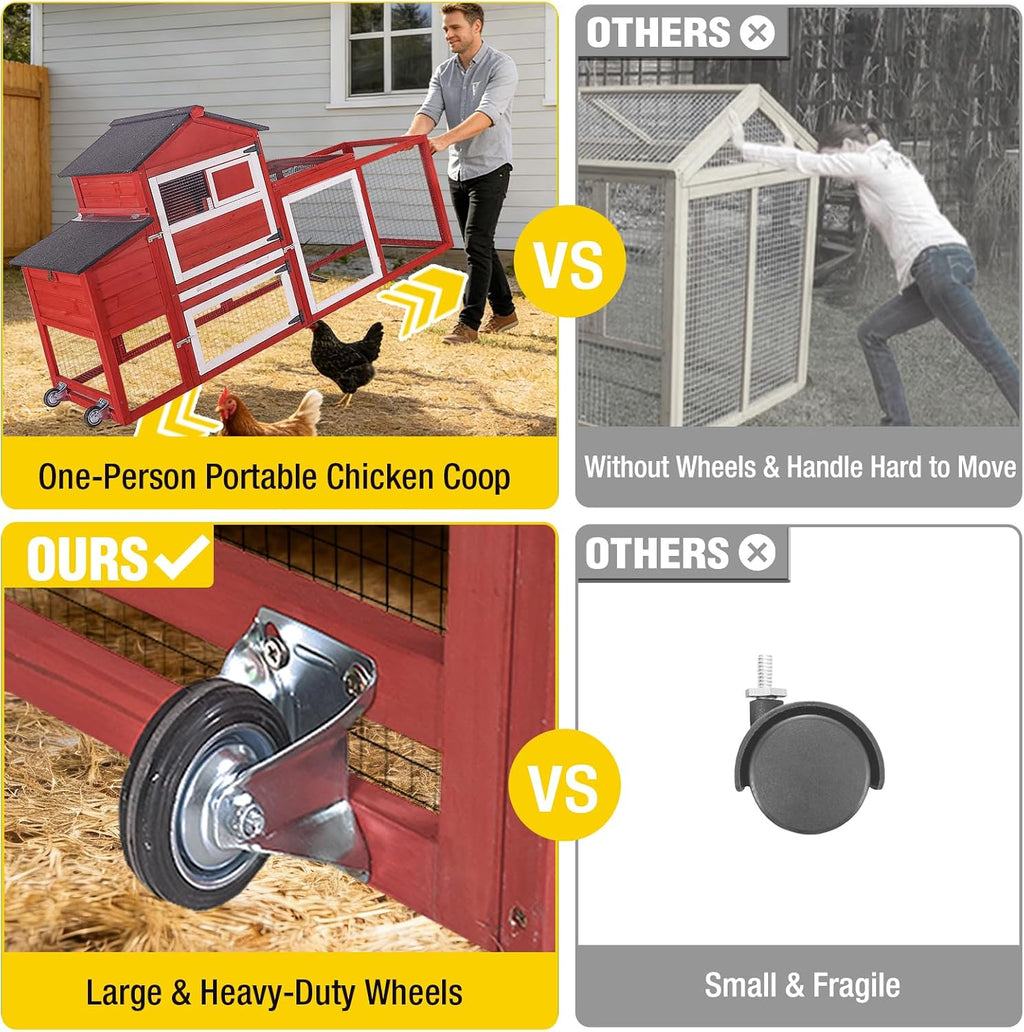 Large Chicken Coop with Wheels, Outdoor Hen House Mobile Poultry Cage with Run, Weatherproof Asphalt Roof