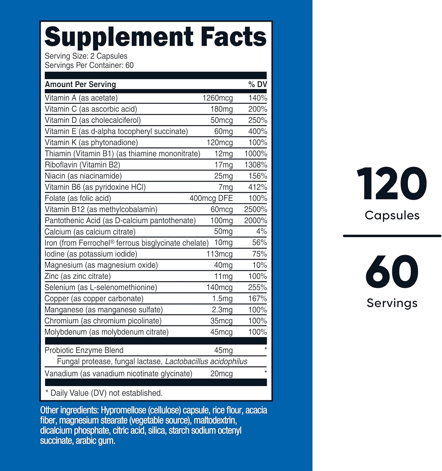 Multivitamin with Probiotics 120 Vegetarian Capsules - Packed with Vitamins & Minerals