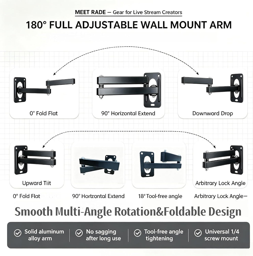 Wall Mount Boom Arm Stand for Ring Light, Studio Lighting, Microphone,Foldable Space-Saving Design, 180° Swivel