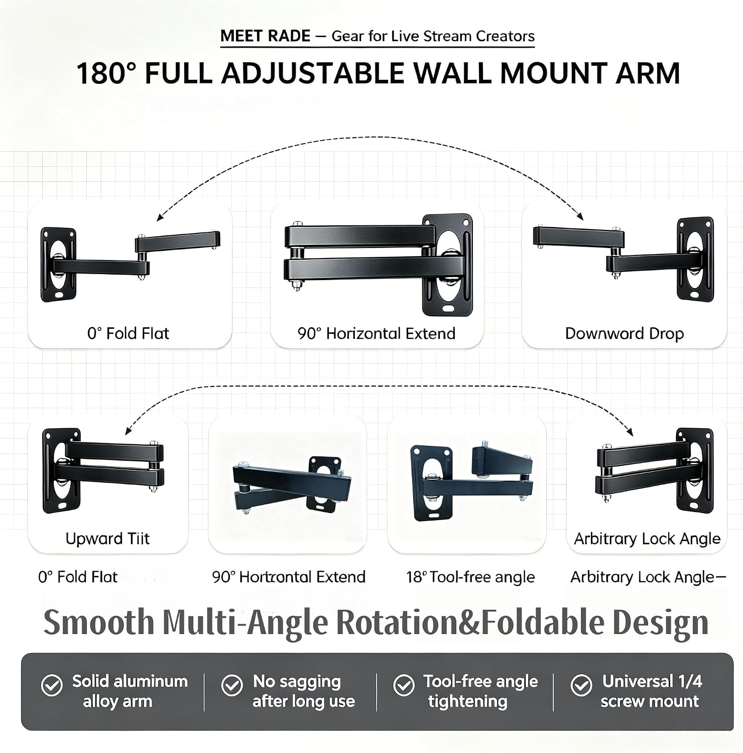 Wall Mount Boom Arm Stand for Ring Light, Studio Lighting, Microphone,Foldable Space-Saving Design, 180° Swivel