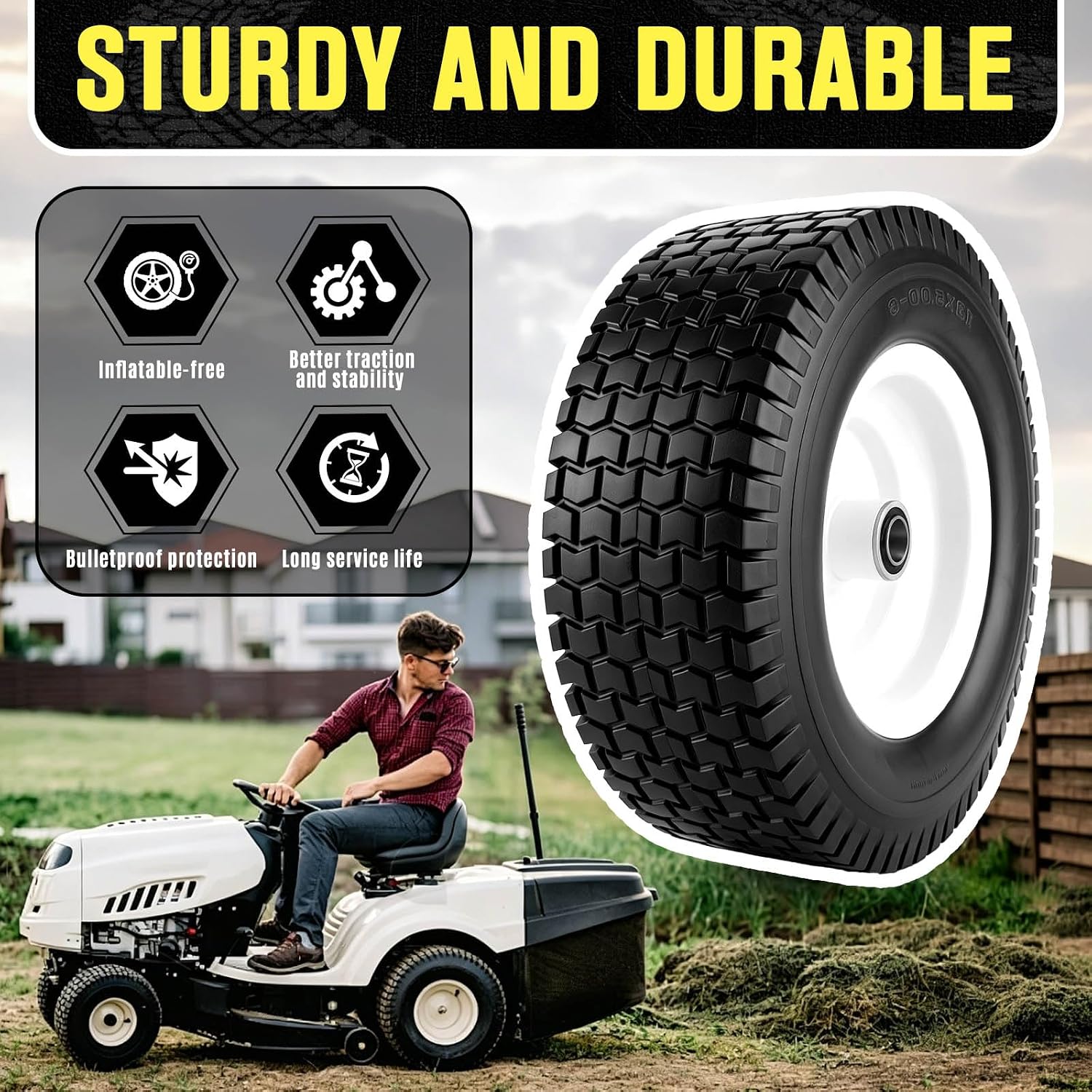 13x5.00-6 Flat Free Tire and Wheel with 3/4" & 5/8" Bearings，13x5.00-6 Lawn Mower Tires and Wheels Assembly, Fit for