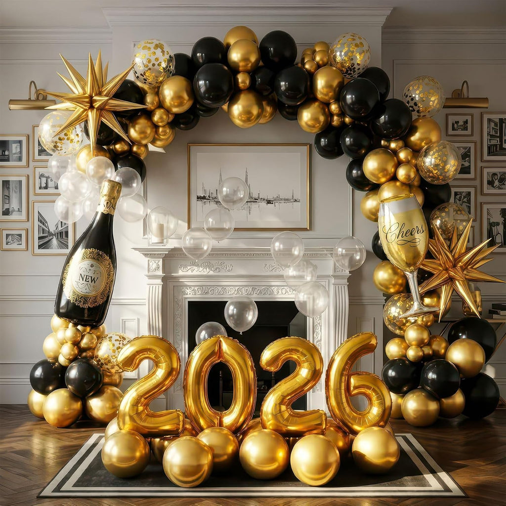Happy New Year Eve Party Decoration Supplies 2026 New Years Eve Black and Gold Balloon Garland Arch Kit Champagne
