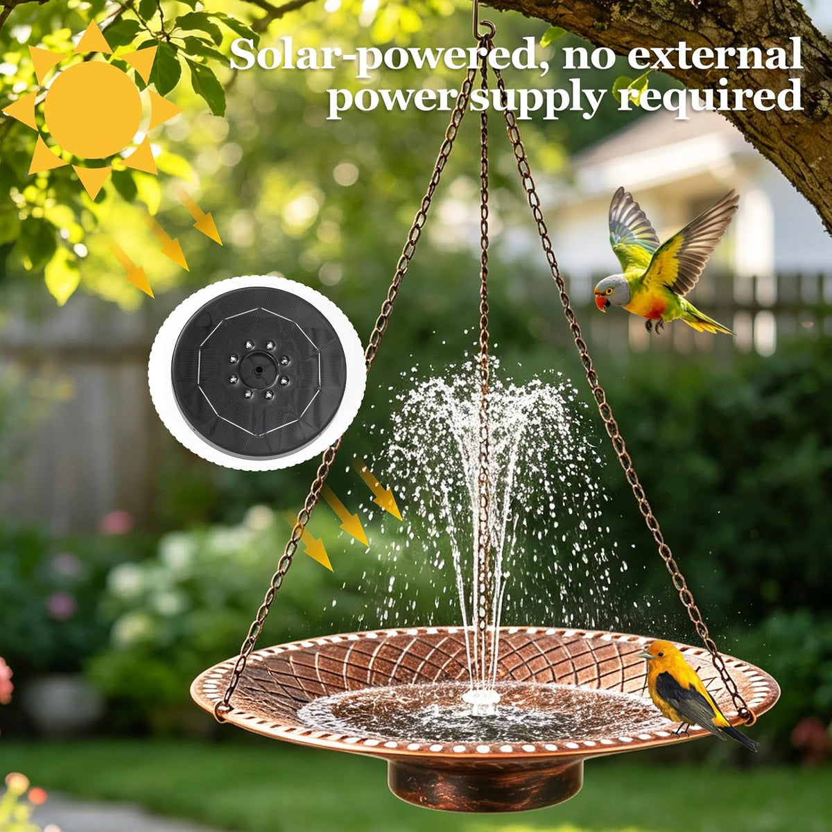 19.6" Large Bird Bath with Solar Fountain, LED & Battery Hanging Birdbath