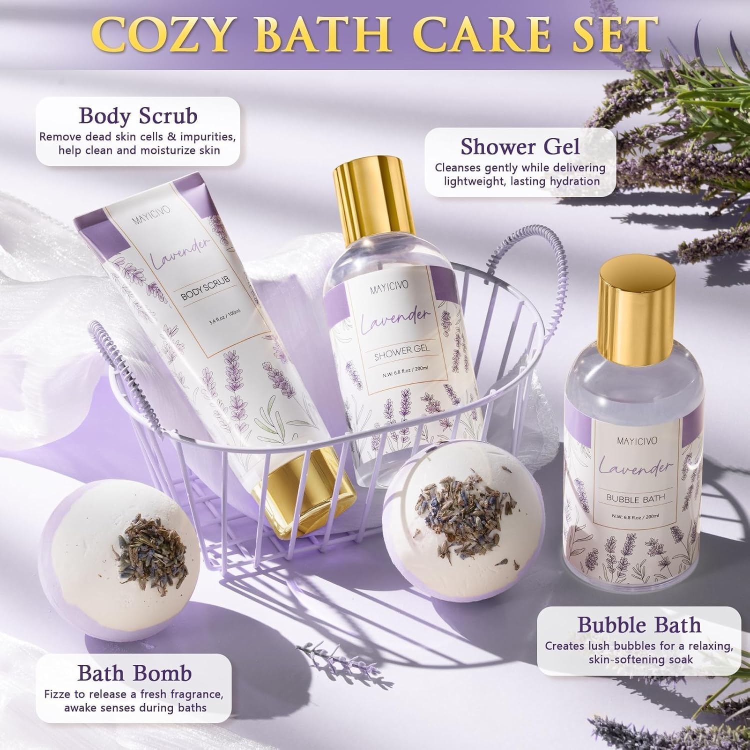 Mothers Day Birthday Gifts for Women, Lavender Relaxing Spa Gift Baskets for Women Self Care Package Bath Gift Set
