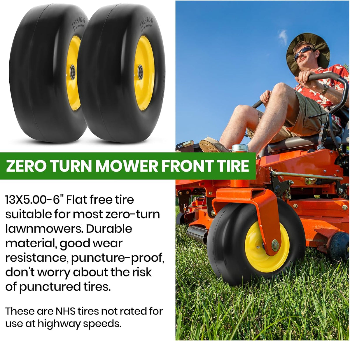 (2-Pack) 13x5.00-6 Flat Free Lawn Mower Tire and Wheel- Solid Smooth Tread Replacement Front Tire for Riding Zero