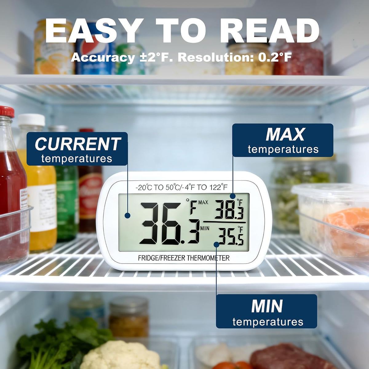 Waterproof Refrigerator Fridge Thermometer, Digital Freezer Room Thermometer, Max/Min Record Function Large LCD