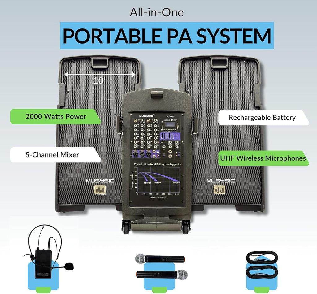 PA Speaker System with Wireless Microphone and Speakers, 2000W | Portable PA System with Bluetooth, Dual Battery