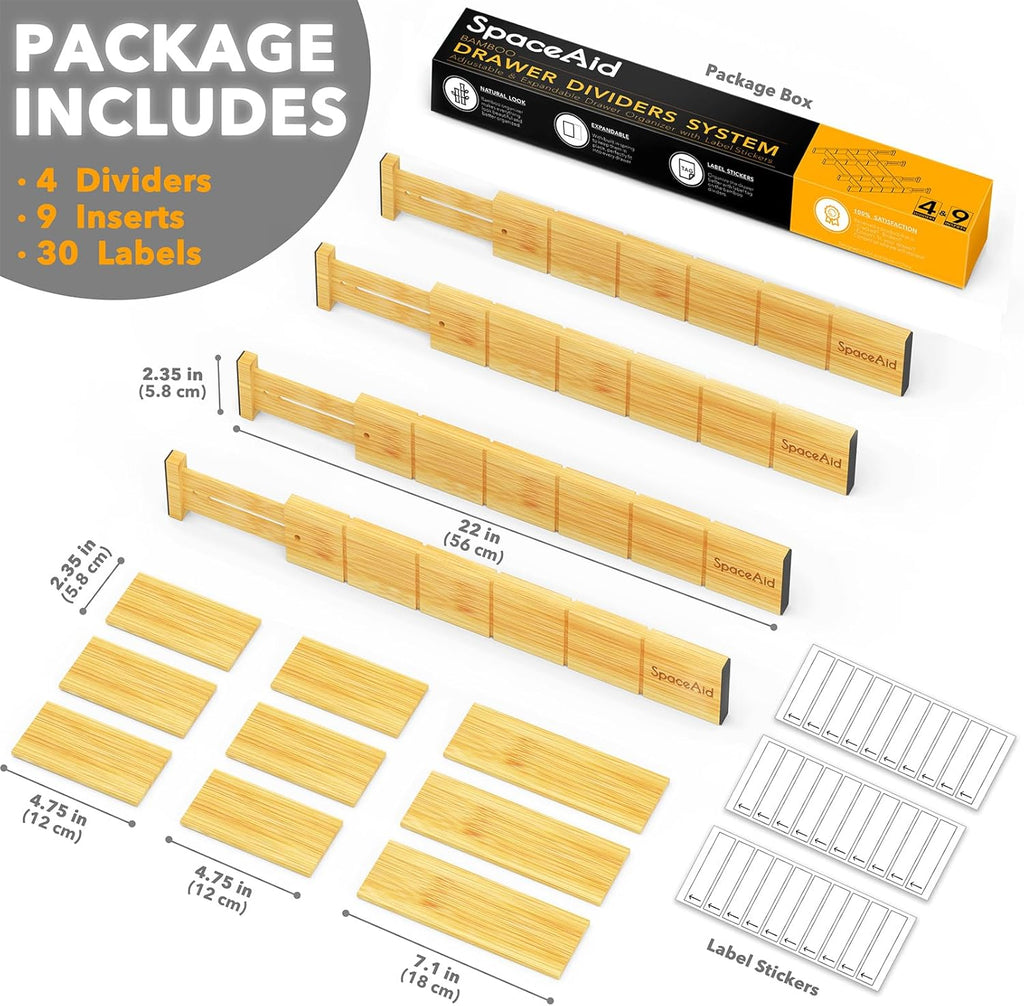 Bamboo Drawer Dividers with Inserts and Labels, Kitchen Adjustable Drawer Organizers, Expandable Organization for