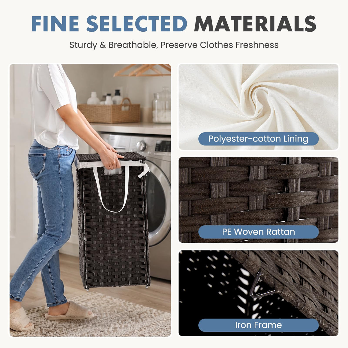 Laundry Basket with Lid, 65L Wicker Laundry Hampers, Chestnut Brown