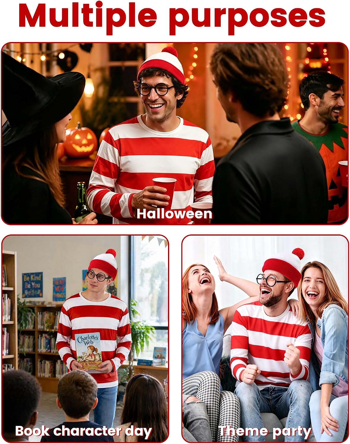 Halloween Costume Adult,Red and White Striped Shirt,Couple Costume | 3 PCS Halloween Easy Costumes,Red and White