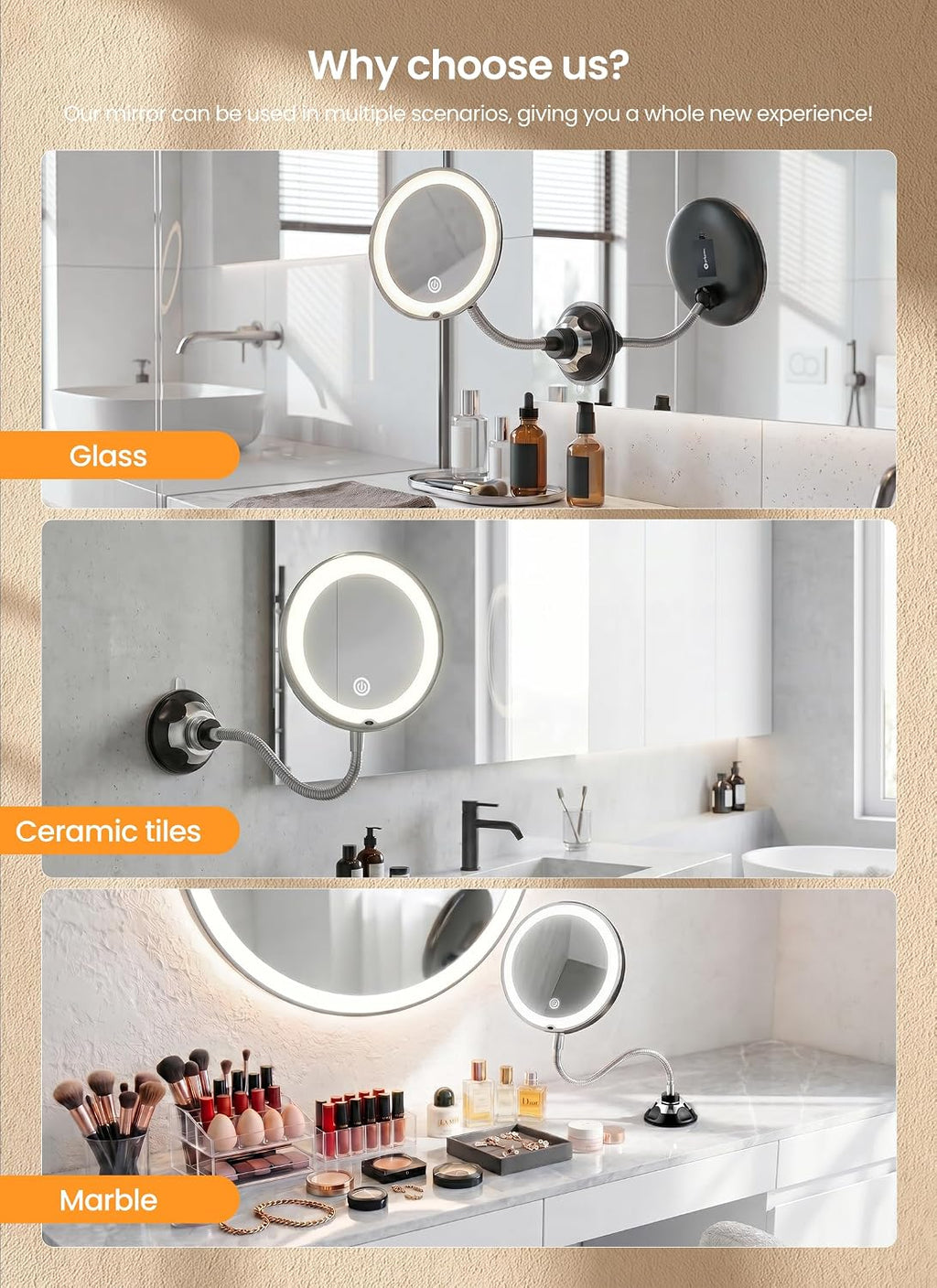 10x Makeup Mirror with Lights, Flexible Magnifying Mirror 3 Light Modes | Wall-Mounted Lighted Vanity Makeup Mirror