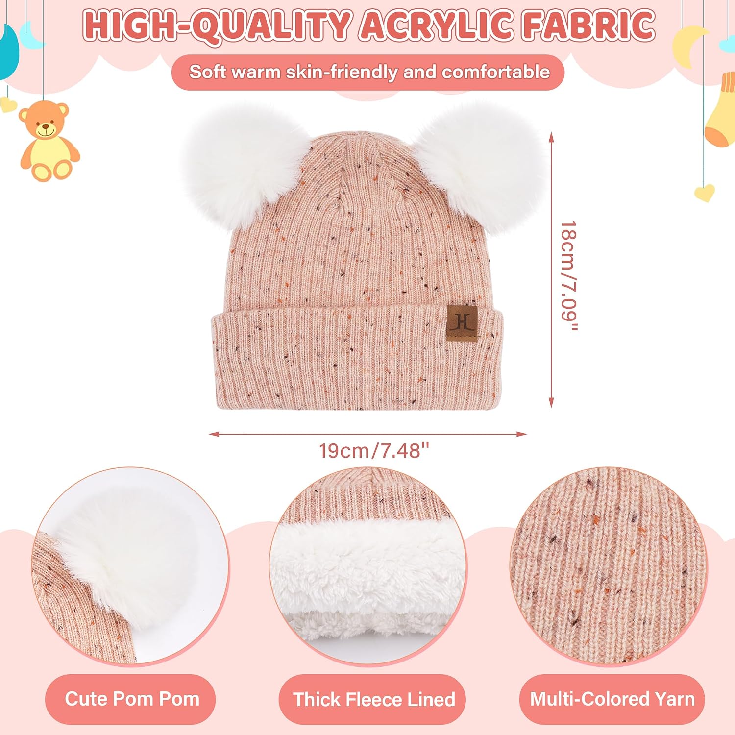 Kid Toddler Winter Beanie Hat Gloves Scarf for 0-4Y Girls | Pompoms Knit Thermal Warm Mittens for 0-6 6-12 12-18