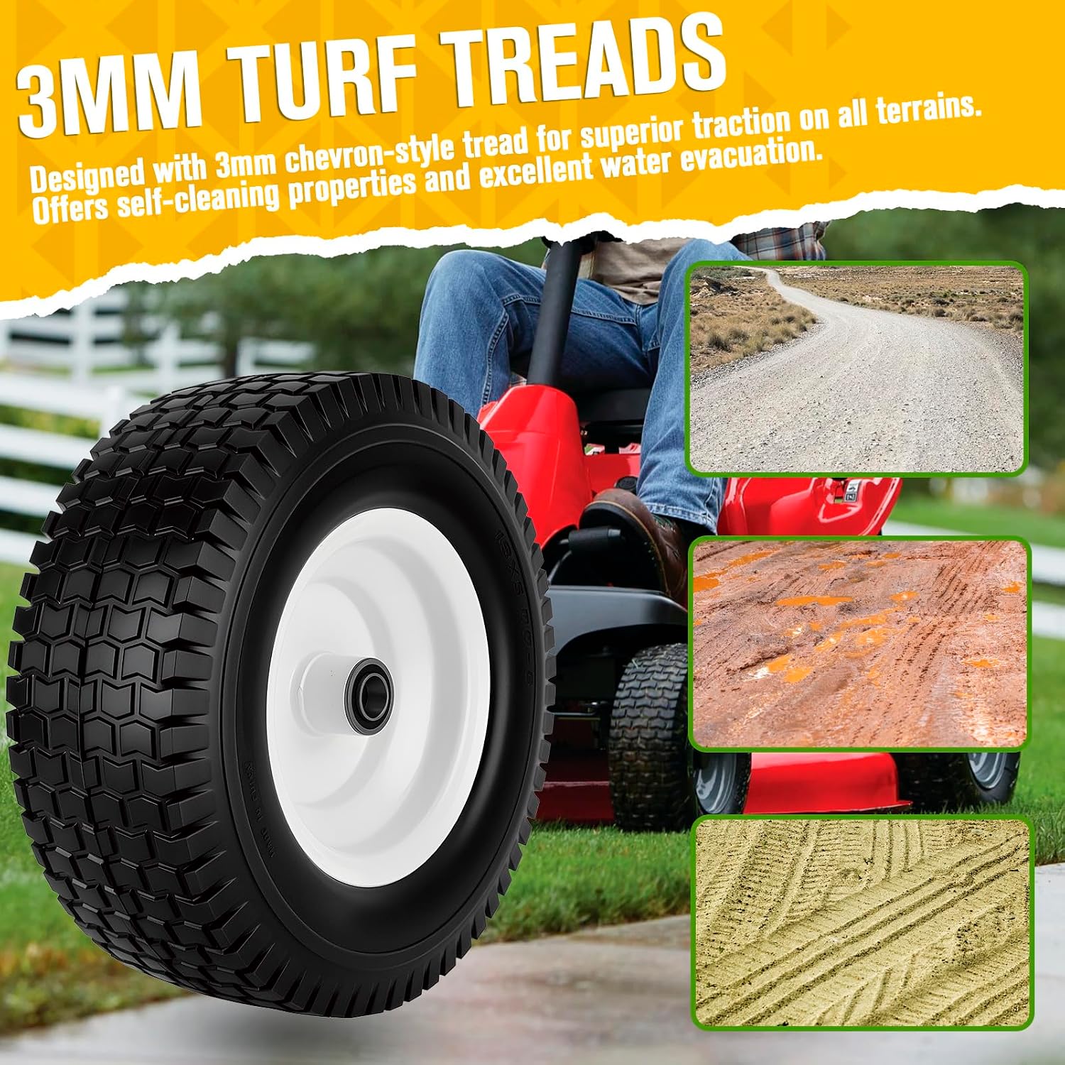 13x5.00-6 Flat Free Tire and Wheel with 3/4" & 5/8" Bearings – 2 Pack 13x5x6 Solid Lawn Mower Tires for Riding Lawn