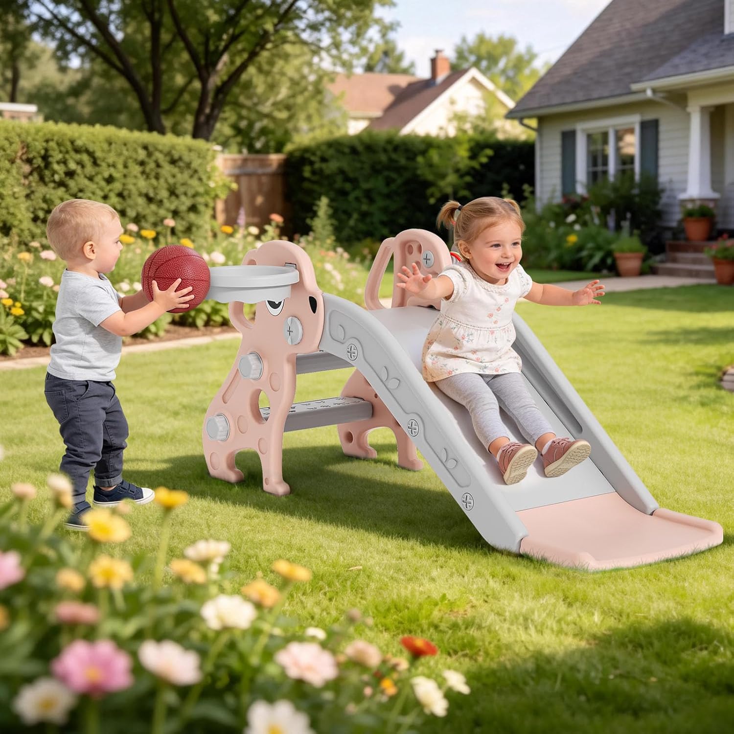 Toddler Slide, 4 in 1 Kids Slide for Indoor Outdoor, Slide with Basketball Hoop & Ring Toss, Puppy Shaped Playset for