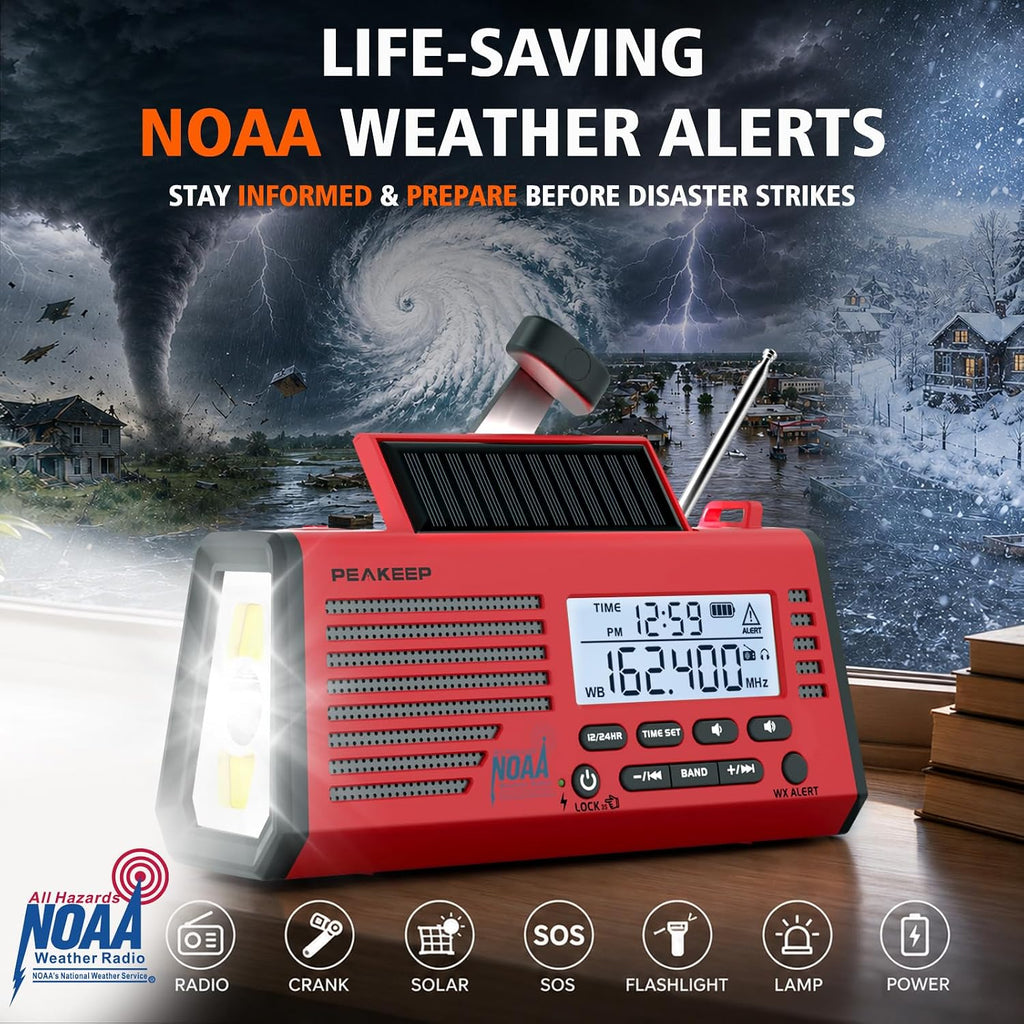 Emergency Radio NOAA Weather Alert Battery Solar Crank Powered | AM FM SW Portable Radio, Rechargeable Battery