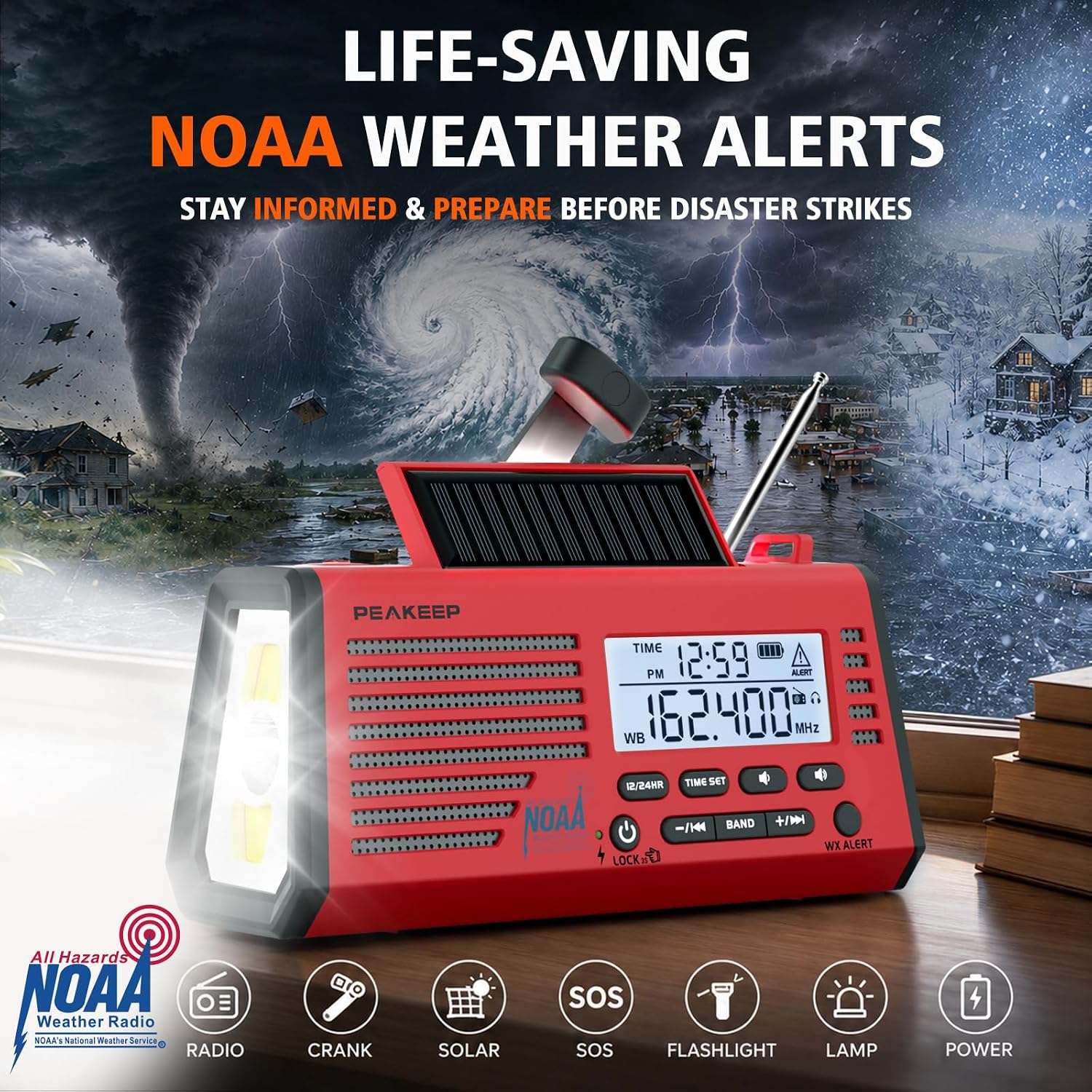 Emergency Radio NOAA Weather Alert Battery Solar Crank Powered | AM FM SW Portable Radio, Rechargeable Battery