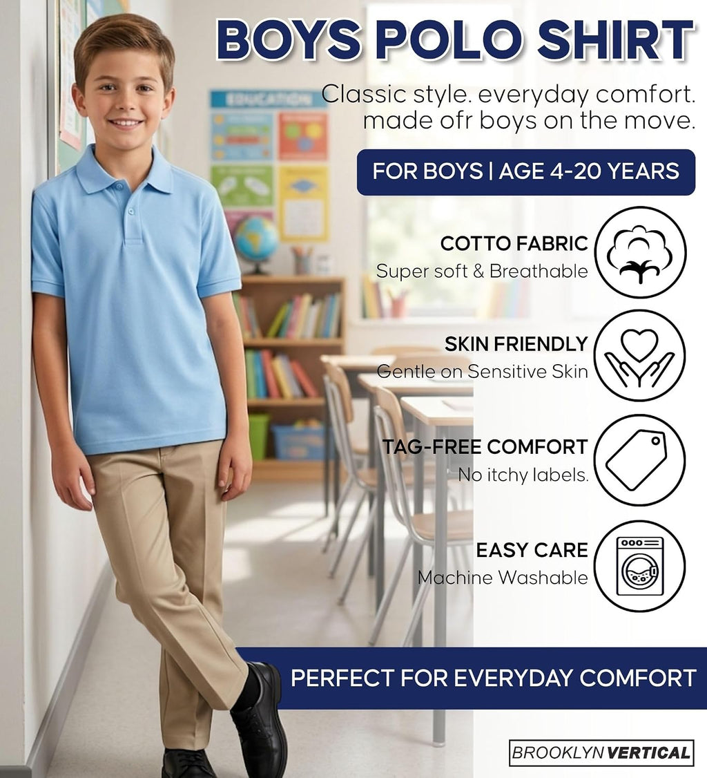 Boys School Uniform Pique Polo Shirt Short Sleeve Collared Cotton Blend Classic Fit