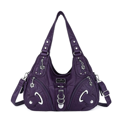 Angelkiss Women Multiple Pockets Purses and Handbags Washed Leather, Two Top Zippers Closure, Purple