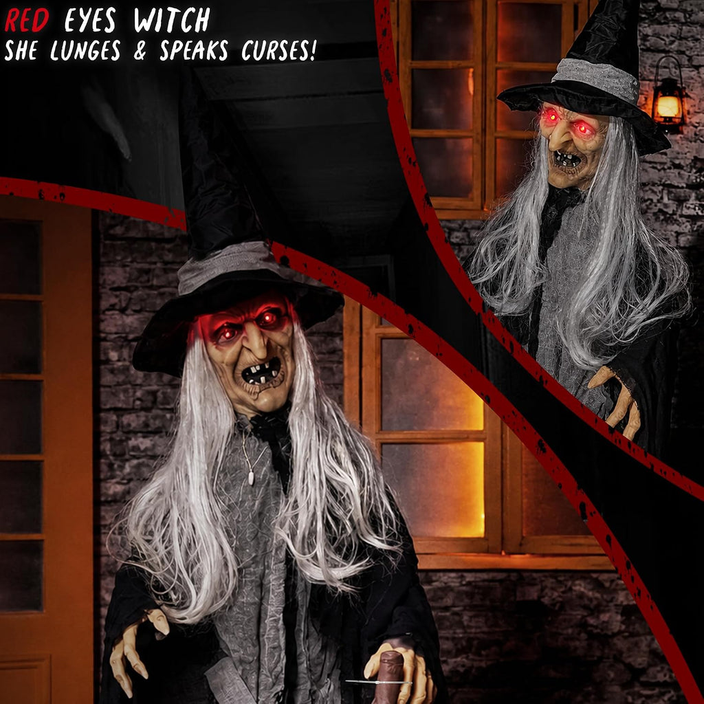 Halloween Animatronics Decorations, 6ft Witch Animated Talking Witch with Sound Activated, Creepy Voice, Spooky