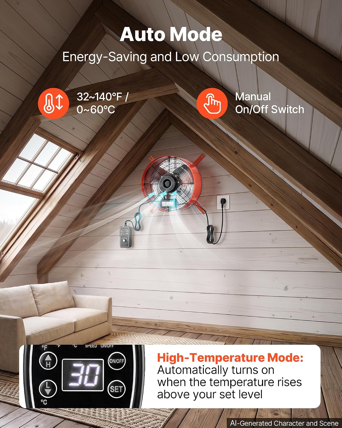 VEVOR Gable Mount Fan, 15 in Attic Vent Exhaust Fan 1650 CFM Thermostat