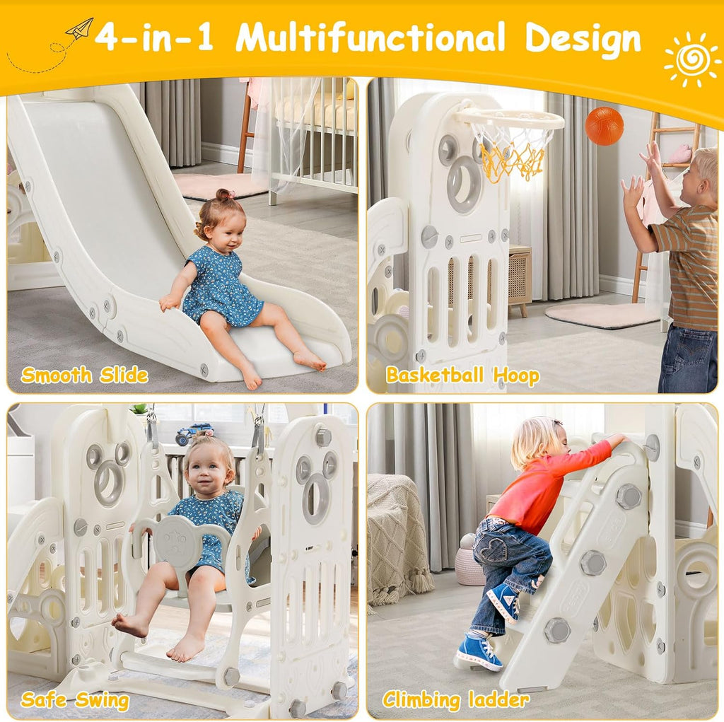 7 in 1 Toddler Slide and Swing Set, Freestanding Kids Large Climber Playset with Basketball Hoop,Storage Space, Baby